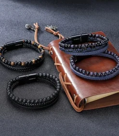 Armband Heren - Blauw Leer Met Zwarte Kralen