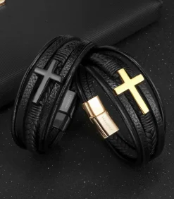 Armband Heren - Zwart Leer met Zwart Kruis - 23cm