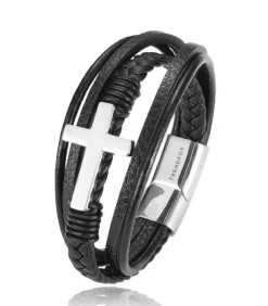 Armband Heren - Zwart Leer met Zilver Kleurig Kruis - 21cm