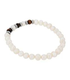 Armband voor mannen, roestvrij staal, tijgeroog, gekweekte zoetwaterparel