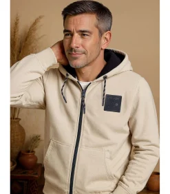 Beige herensweater met capuchon en rits