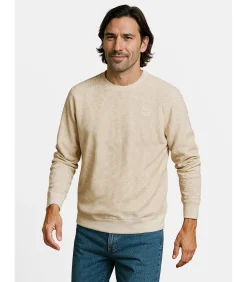 Beige herensweater met opstaande kraag en kangoeroezak