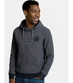 Blauwe herensweater met opstaande kraag en kangoeroezak