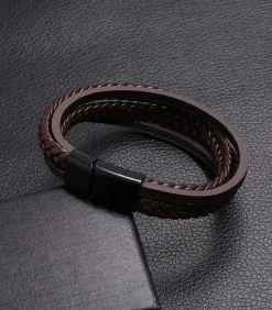 Heren Armband Leder met Dubbele Vlecht - Bruin met Zwarte Sluiting