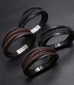 Heren Armband Leder met Dubbele Vlecht - Zwart met Zwarte Sluiting