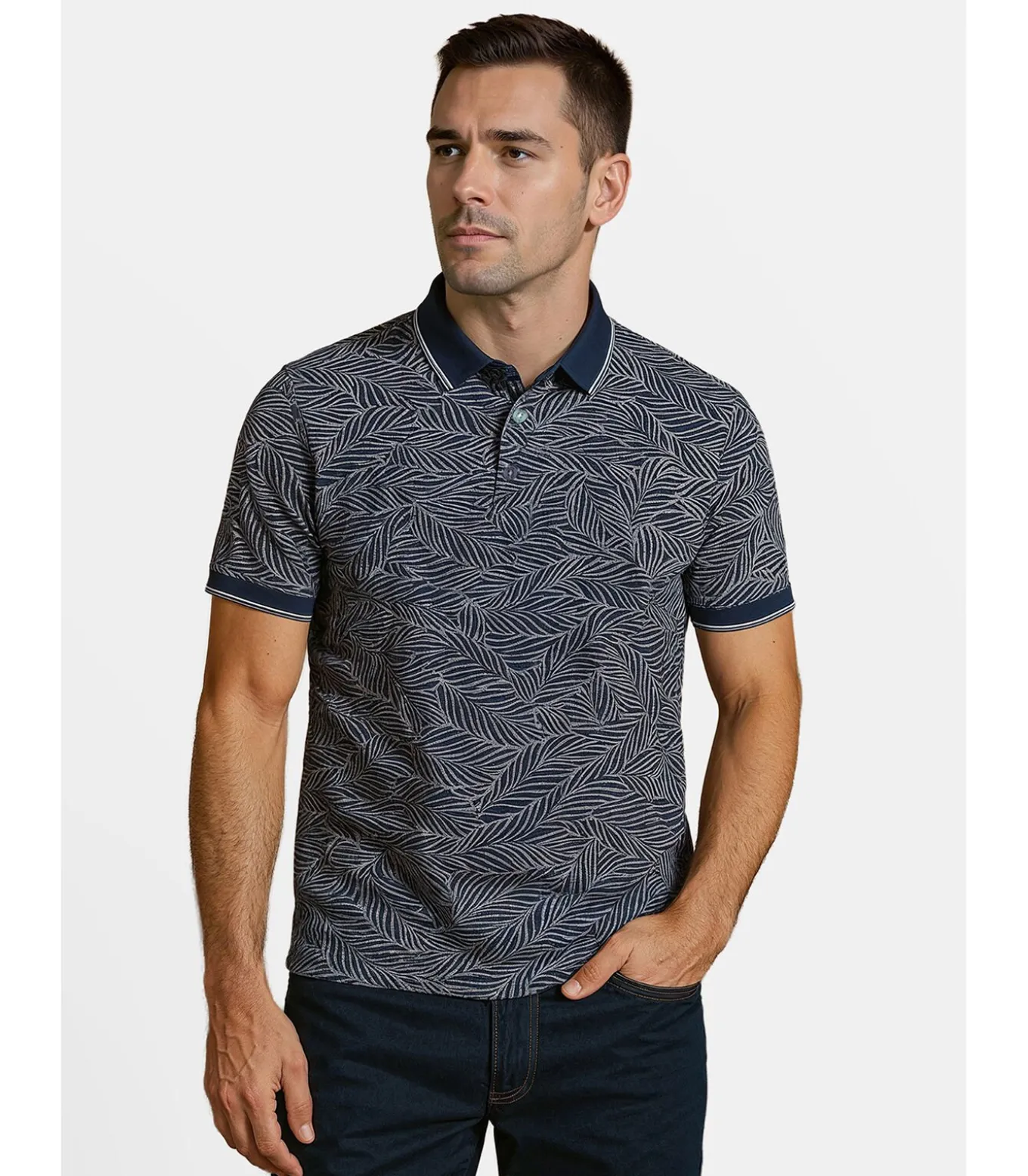 Heren poloshirt met blauw bladprint