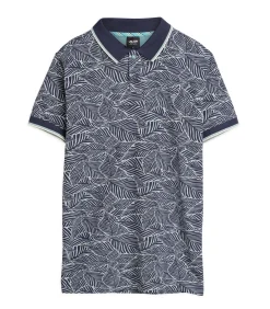 Heren poloshirt met blauw bladprint