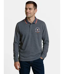 Heren poloshirt met lange mouwen in heideblauw met Santiago-logo op de achterkant