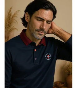 Heren poloshirt met lange mouwen in marineblauw met contrasterende kraag