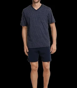 Heren shortama - Ebony Blue - Ruit - Katoenen zomer pyjama korte broek korte mouw