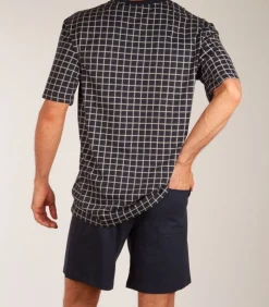 Heren shortama - Ebony Blue - Ruit - Katoenen zomer pyjama korte broek korte mouw