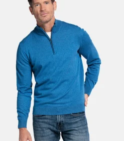Katoenmix pullover met halve rits - Mid Blue