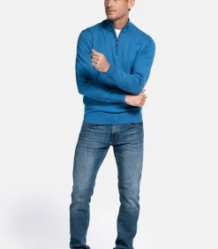 Katoenmix pullover met halve rits - Mid Blue
