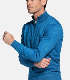 Katoenmix pullover met halve rits - Mid Blue
