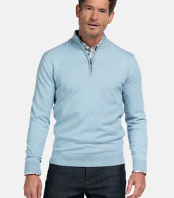 Katoenmix pullover met halve rits - Soft Blue