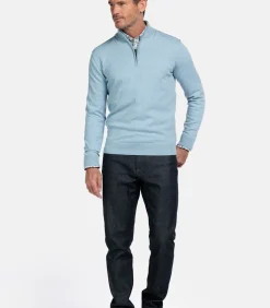 Katoenmix pullover met halve rits - Soft Blue