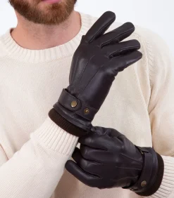 Leren tactiele herenhandschoenen met bruine aantreksluiting