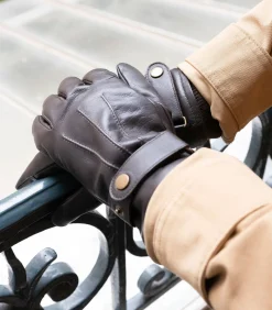 Leren tactiele herenhandschoenen met bruine aantreksluiting