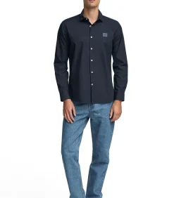Marineblauw hemd met slim fit, Italiaanse kraag en Polo Club-logo