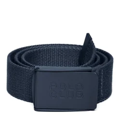Marineblauwe stoffen riem ‘Brahim’ met gesp en logo
