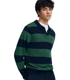 Marineblauwe trui met donkergroene strepen, polokraag en Polo Club-patch
