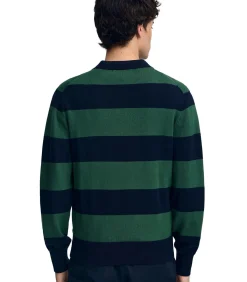 Marineblauwe trui met donkergroene strepen, polokraag en Polo Club-patch