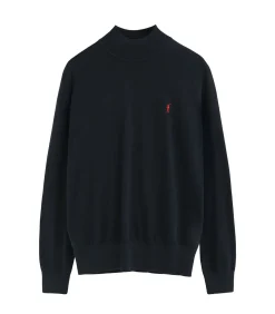 Marineblauwe trui van wolmix met Perkins-kraag en geborduurd Rigby Go-logo