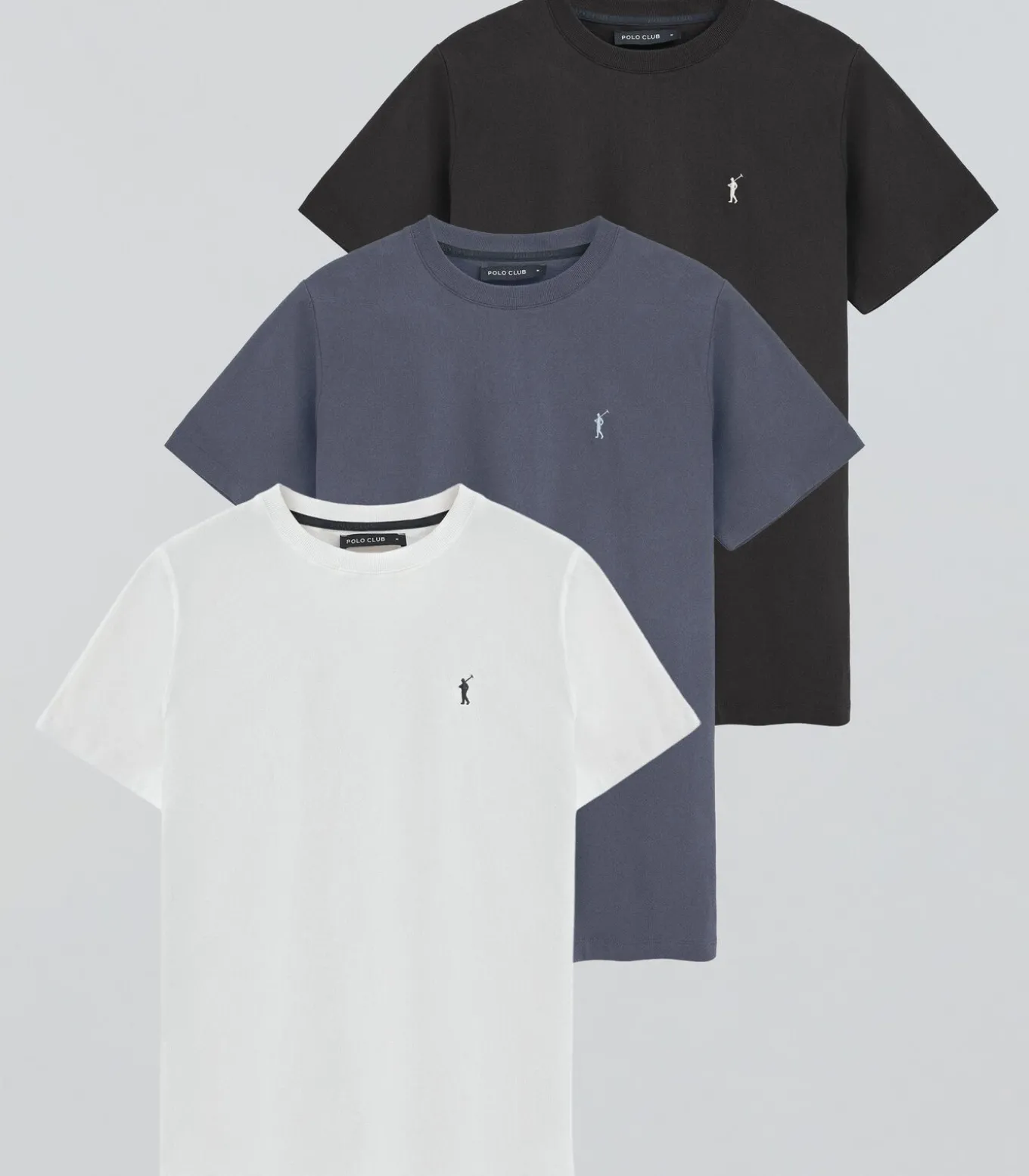 Pack van drie T-shirts voor heren in zwart, denimblauw en wit met ronde hals met geborduurd Rigby Go-logo