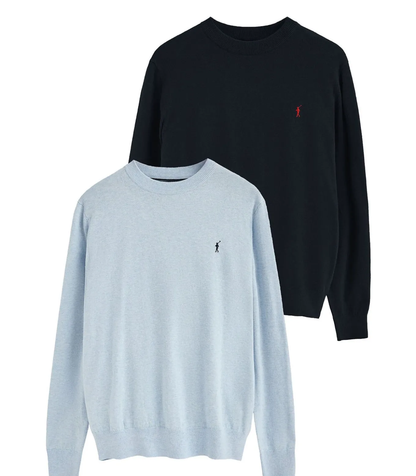 Pack van twee herentruien van wolmix in marineblauw en lichtblauw met geborduurd Rigby Go-logo