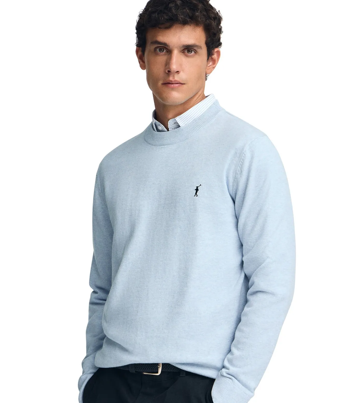 Pack van twee herentruien van wolmix in marineblauw en lichtblauw met geborduurd Rigby Go-logo