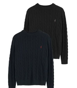 Pack van twee herentruien van wolmix in marineblauw en lichtblauw met geborduurd Rigby Go-logo