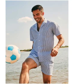 Short Sleeve Overhemd Stripe Seersucker Lichtblauw