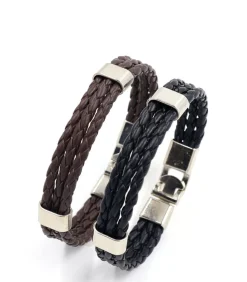 Tripe Armband Heren - Zwart Leer - Stalen Accenten