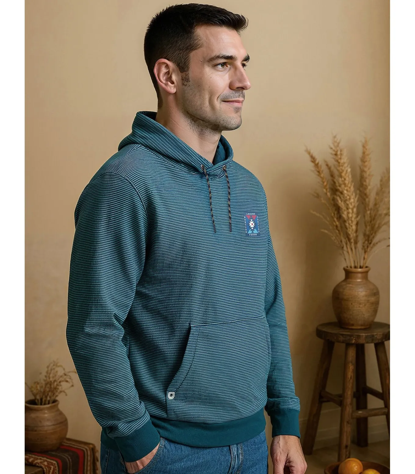Turquoise heren T-shirt met lange mouwen en kangoeroezak