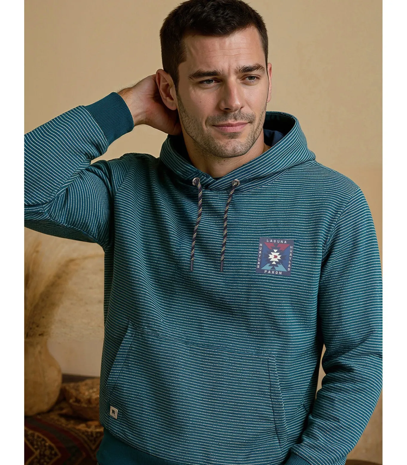 Turquoise heren T-shirt met lange mouwen en kangoeroezak