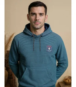 Turquoise heren T-shirt met lange mouwen en kangoeroezak