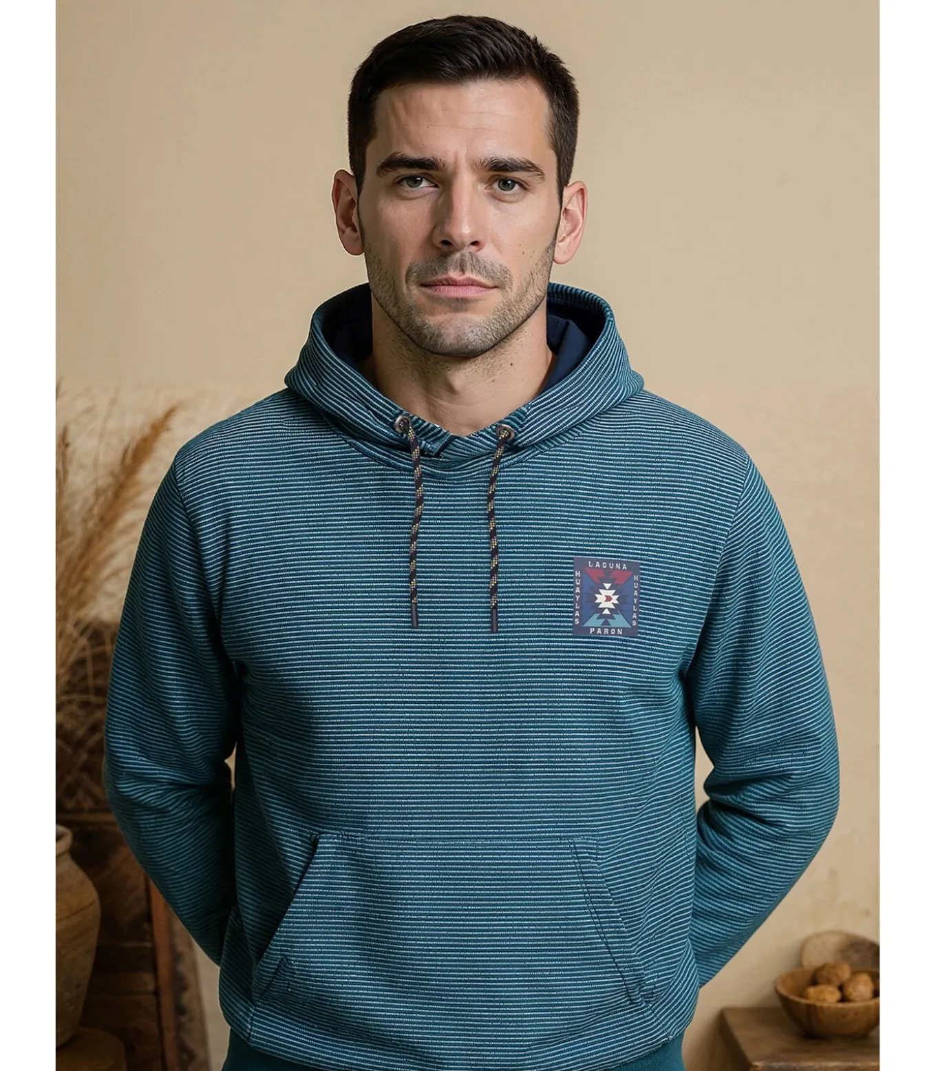 Turquoise heren T-shirt met lange mouwen en kangoeroezak