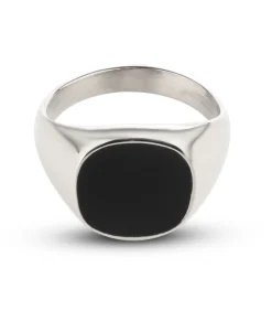 Zegelring Heren met Zwarte Steen - Zilver Kleurig - Staal