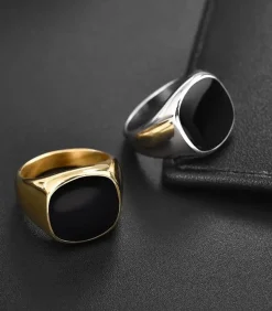 Zegelring Heren met Zwarte Steen - Zilver Kleurig - Staal