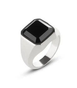Zegelring Heren met Zwarte Steen - Zilver Kleurig - Staal