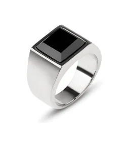 Zegelring Heren met Zwarte Steen - Zilver Kleurig - Staal