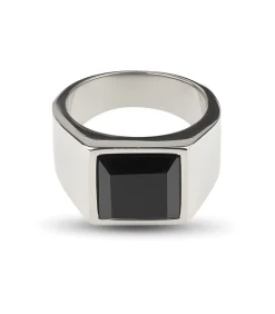Zegelring Heren met Zwarte Steen - Zilver Kleurig - Staal