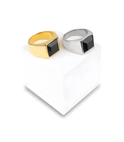 Zegelring Heren met Zwarte Steen - Zilver Kleurig - Staal
