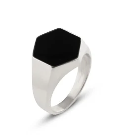Zegelring Heren met Zwarte Steen - Zeshoekig - Zilver Kleurig - Staal
