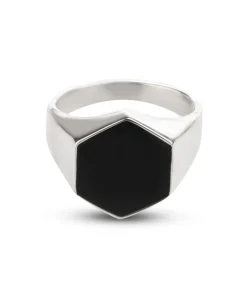 Zegelring Heren met Zwarte Steen - Zeshoekig - Zilver Kleurig - Staal