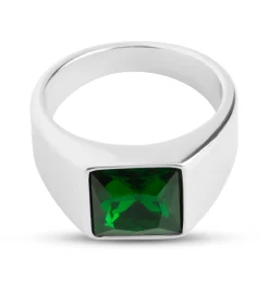 Zegelring Heren Zilver Kleurig met Groene Steen - Staal