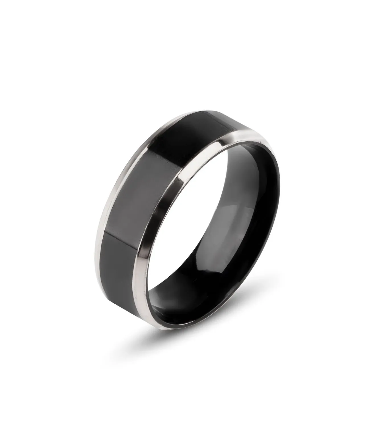 Zwarte Heren Ring met Zilver Kleurige Rand - Staal